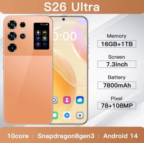 S26 Ultra 7,3-calowy smartfon 16 GB + 1 TB 5G, kamera HD 72 MP + 108 MP, podwójna karta 5G, Android 14.0, 100 W